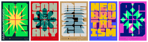 Lettering composition colorful trendy poster, abstract geometric acid graphic in Y2K aesthetics, vector simple shapes rave print artwork modernism and minimalistic brutal style A4 format