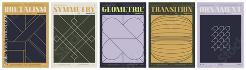 Line ornament vintage color trendy poster, abstract geometric composition graphic in Y2K aesthetics, vector simple shapes print artwork modernism and minimalistic brutal style A4 format