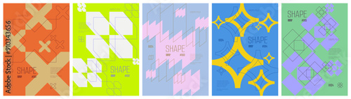 Minimal artwork colorful trendy poster, abstract geometric composition graphic in Y2K aesthetics, vector silhouette simple shapes print art modernism and brutal style A4 format