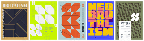 Set modern art colorful trendy poster, abstract geometric A4 composition graphic in Y2K aesthetics, vector simple shapes rave print artwork modernism and minimalistic brutalism style, mix set 2
