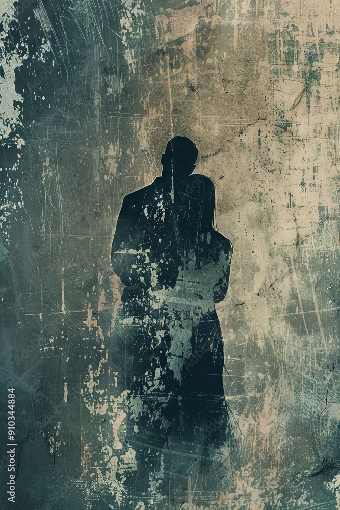 Abstract Silhouette of a Couple Embracing Against a Grungy Textured Background Abstract Silhouette of a Couple Embracing Against a Grungy Textured Background