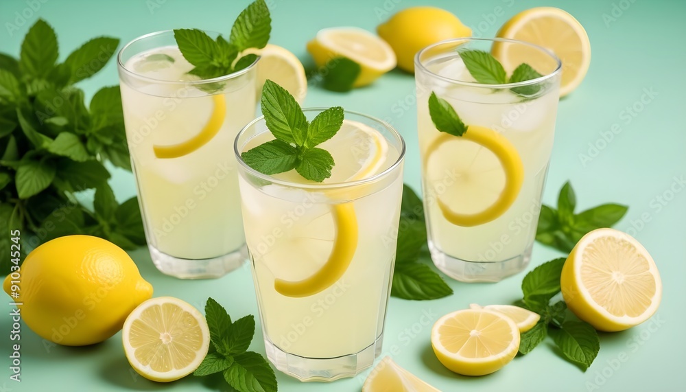 Two glasses of lemonade with lemon slices and mint leaves, surrounded by fresh lemons on a light green background Two glasses of lemonade with lemon slices and mint leaves, surrounded by fresh lemons on a light green background
