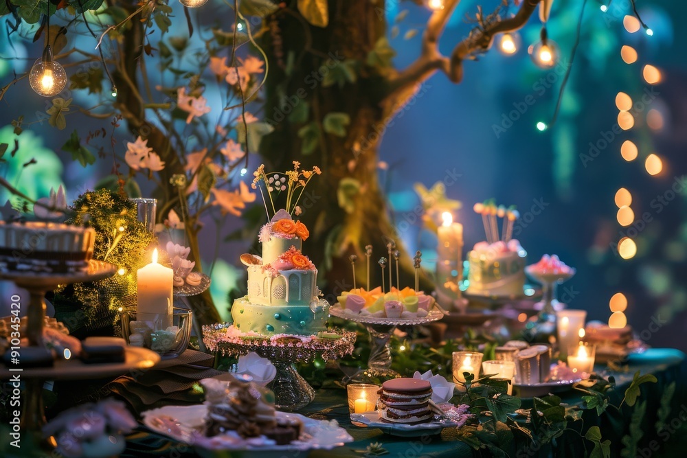 Fototapeta premium A birthday cake with lit candles placed on a wooden table in the middle of a lush forest setting, An enchanted forest filled with birthday surprises, AI generated