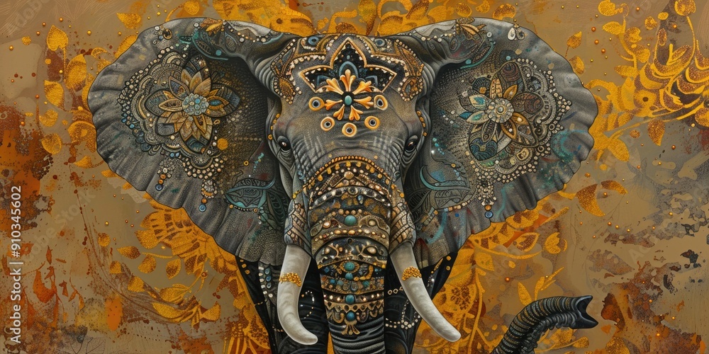Fototapeta premium Majestic elephant adorned with intricate decorations exuding strength wisdom and grace captivates with its sheer presence