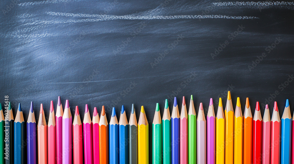 Colorful pencils in front of a blank blackboard, back to school Colorful pencils in front of a blank blackboard, back to school
