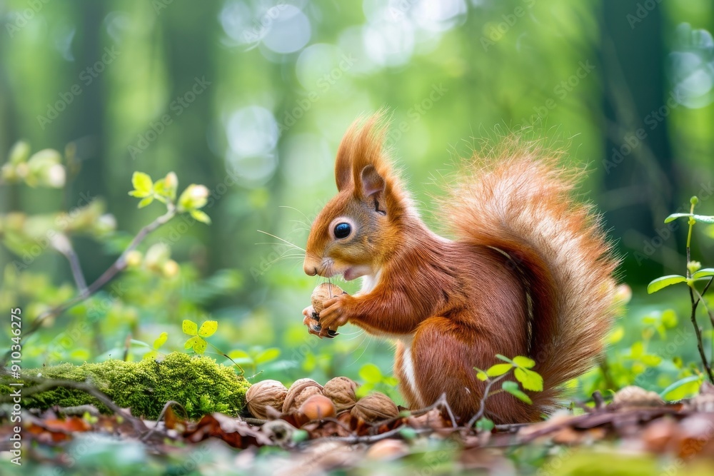 Fototapeta premium Red squirrel close-up. Beautiful simple AI generated image in 4K, unique.