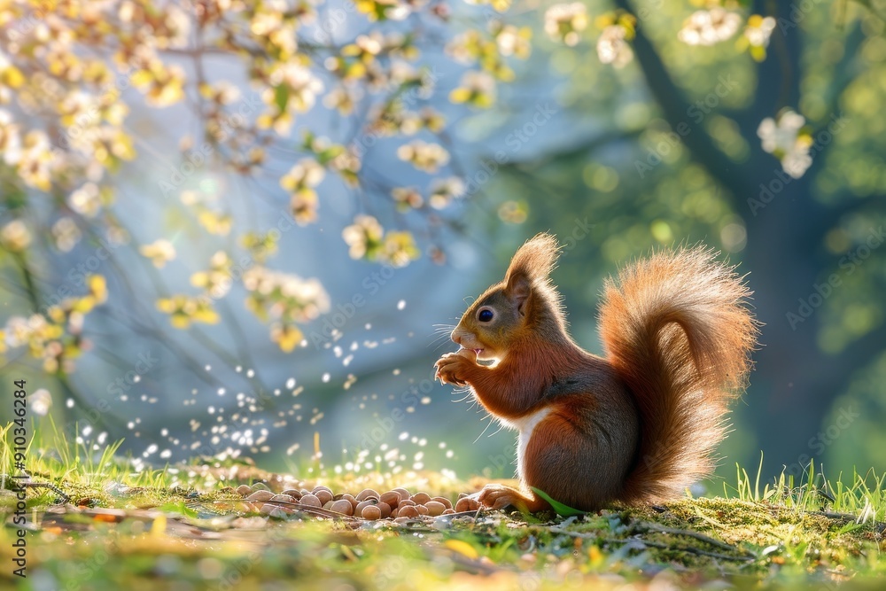 Red Squirrel Eating Nut in Spring Forest - Wildlife with Fluffy Tail in Natural Habitat. Beautiful simple AI generated image in 4K, unique. Red Squirrel Eating Nut in Spring Forest - Wildlife with Fluffy Tail in Natural Habitat. Beautiful simple AI generated image in 4K, unique.