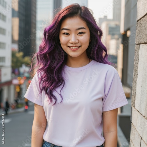 A joyful scene in the urban backdrop with a smiling woman 