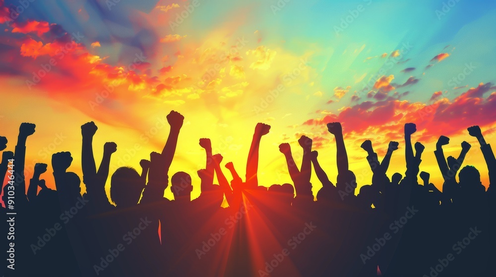 Silhouette of a cheering crowd in victory. Silhouette of a cheering crowd in victory.