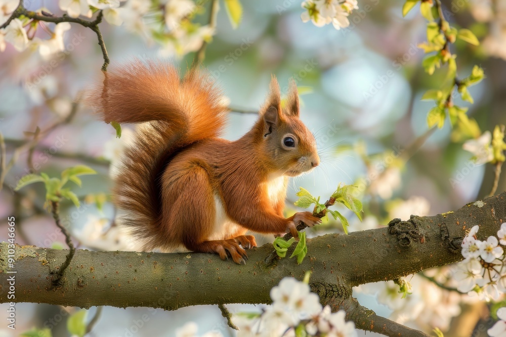 Red Squirrel Eating Nut in Spring Forest - Wildlife with Fluffy Tail in Natural Habitat. Beautiful simple AI generated image in 4K, unique. Red Squirrel Eating Nut in Spring Forest - Wildlife with Fluffy Tail in Natural Habitat. Beautiful simple AI generated image in 4K, unique.
