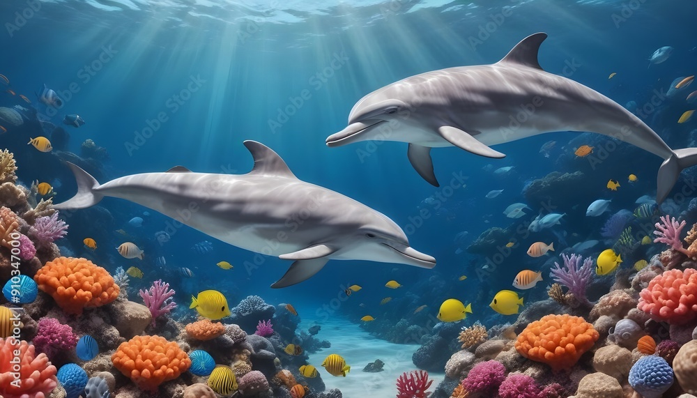 Fototapeta premium Two gray dolphins swimming in an underwater scene with colorful coral, seashells, and other marine life