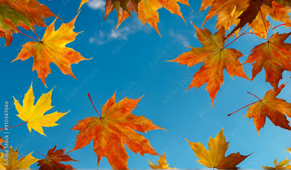 Autumnal vibrant orange maple leaves against blue sky Autumnal vibrant orange maple leaves against blue sky