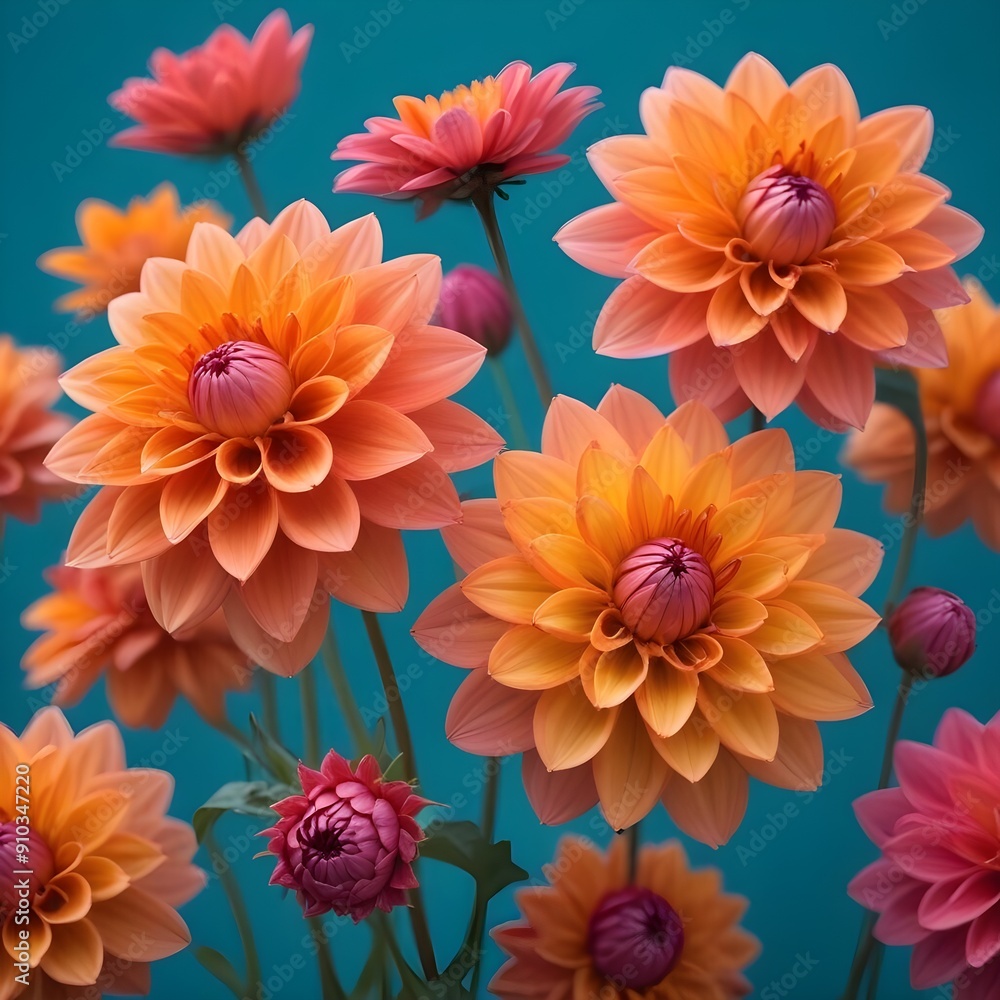 Vibrant orange and pink dahlia flowers against a blurred teal background Vibrant orange and pink dahlia flowers against a blurred teal background