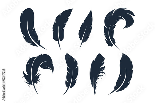 Set of silhouette feather pen logo design.