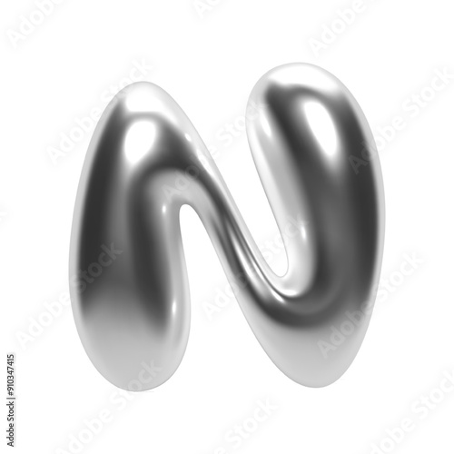 3D chrome bubble letter N in Y2K futuristic style. Shiny silver glossy surface with inflated liquid metal form. Isolated alphabet letter from trendy vector render font for modern typography and design