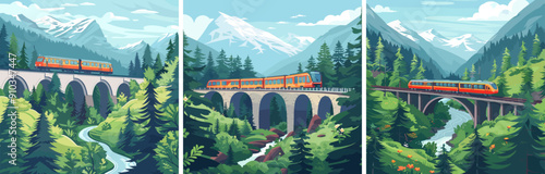 Rail trip across mountainous bridge cartoon vector illustrations. Boulder ravine stone railcar railway woodland scenery natural wilderness coniferous exploration panoramic sightseeing alpine artworks