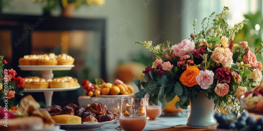 A table set with plates of food and a vase of flowers, perfect for a dinner party or special occasion A table set with plates of food and a vase of flowers, perfect for a dinner party or special occasion