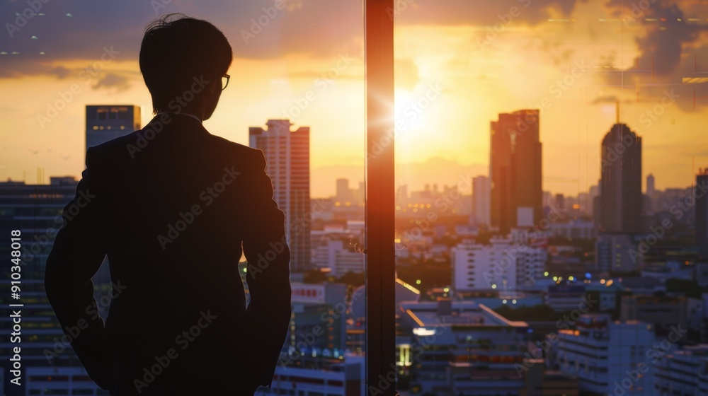 Businessman Looking Out Window at Sunset Over City Skyline Businessman Looking Out Window at Sunset Over City Skyline