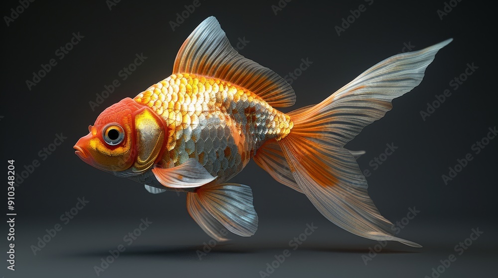Fototapeta premium Goldfish swimming with graceful fins on dark background