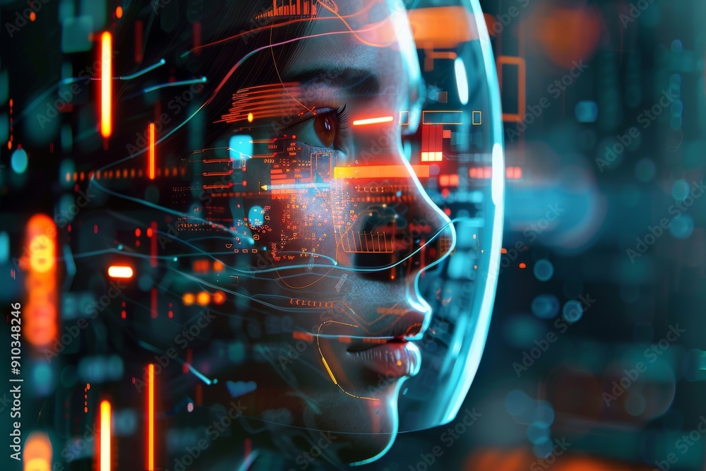Futuristic Woman in Digital Helmet with Neon Lights Futuristic Woman in Digital Helmet with Neon Lights