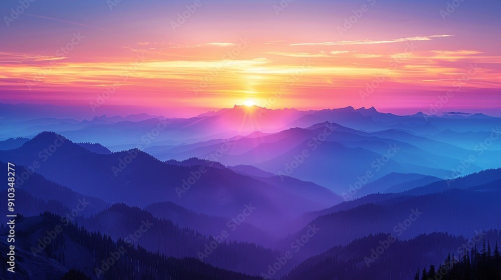 Obraz premium Sun shining over layers of colorful mountain ranges