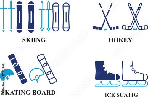 Winter Skating, Skiing, Ice Hokey icon set isolated on white background. Editable colorful Icons of Cool Weather in fill and line style.