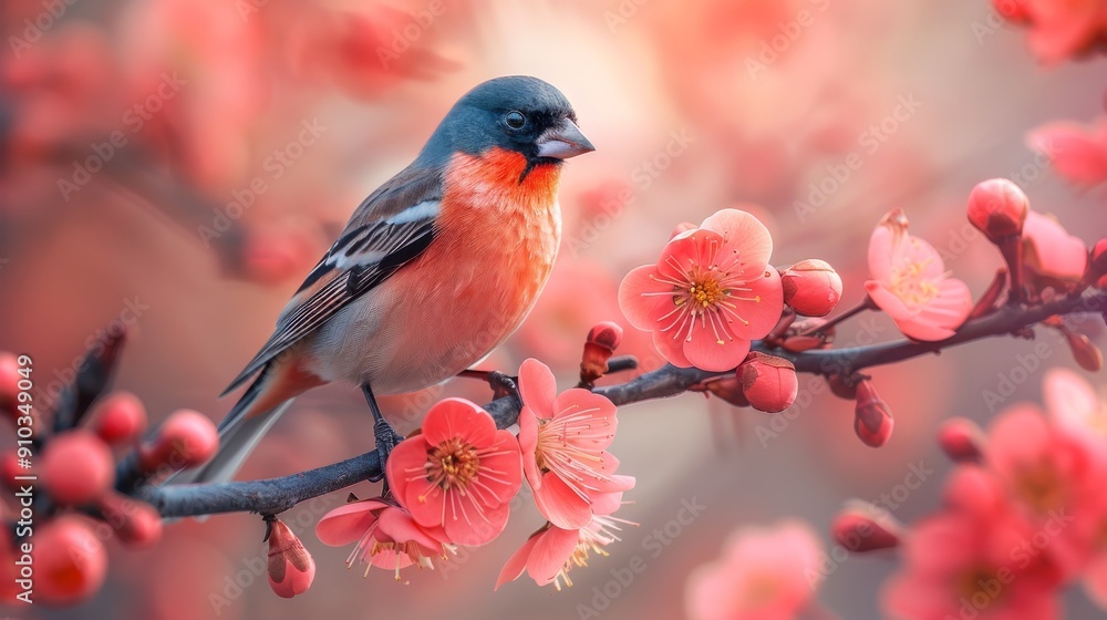 Beautiful bird perching on branch with pink flowers in spring Beautiful bird perching on branch with pink flowers in spring