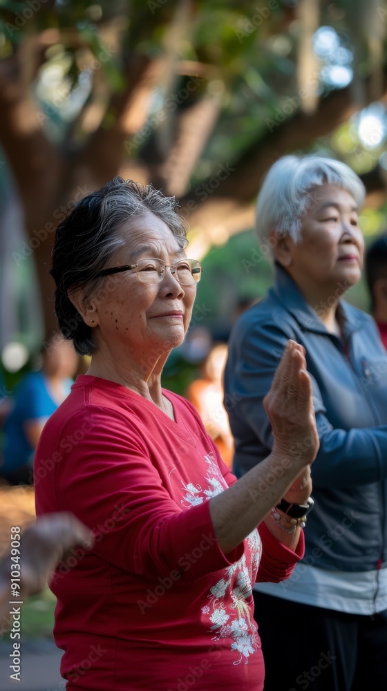 Fototapeta premium Two women perform Tai Chi in a tranquil park setting, enjoying the early morning light