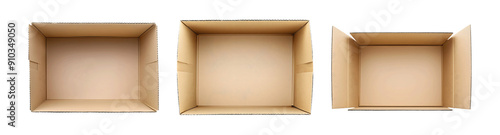 Set of opened cardboard boxes, parcels, top view isolated on transparent or white background