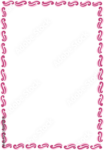 Hand-drawn whimsical frame of vintage swirl ornament perfect for wedding invitations. Elegant, decorative rectangle border in pink and burgundy colors. Vector design