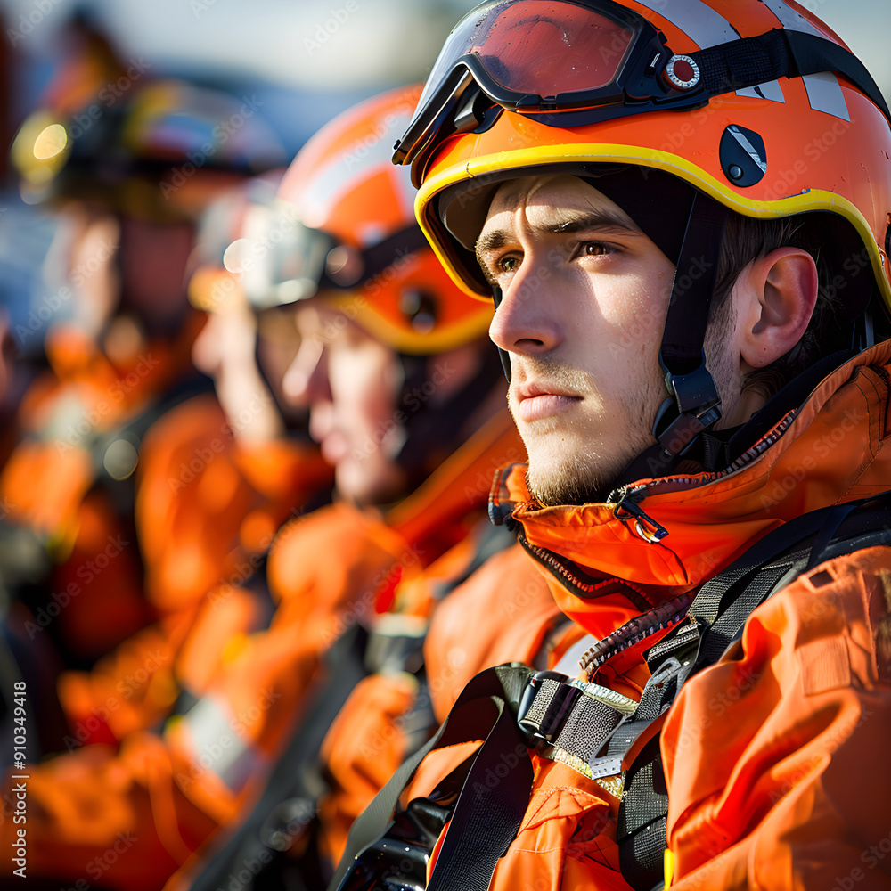Close-up of determined rescue workers in orange uniforms and helmets, ready for action. Close-up of determined rescue workers in orange uniforms and helmets, ready for action.