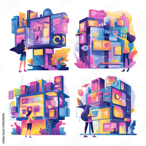 Remote building apartment cartoon vector concepts. Female oversee control interface electronic domicile hologram metropolis intelligent simulated clever technology isolated illustrations