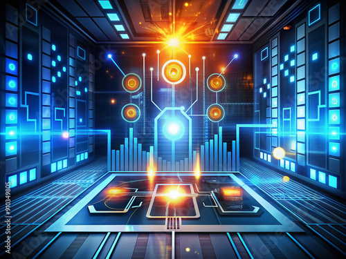 Futuristic abstract background with dynamic glowing lines and shapes, surrounded by sleek control panels, indicating innovative transformation and growth strategies. photo