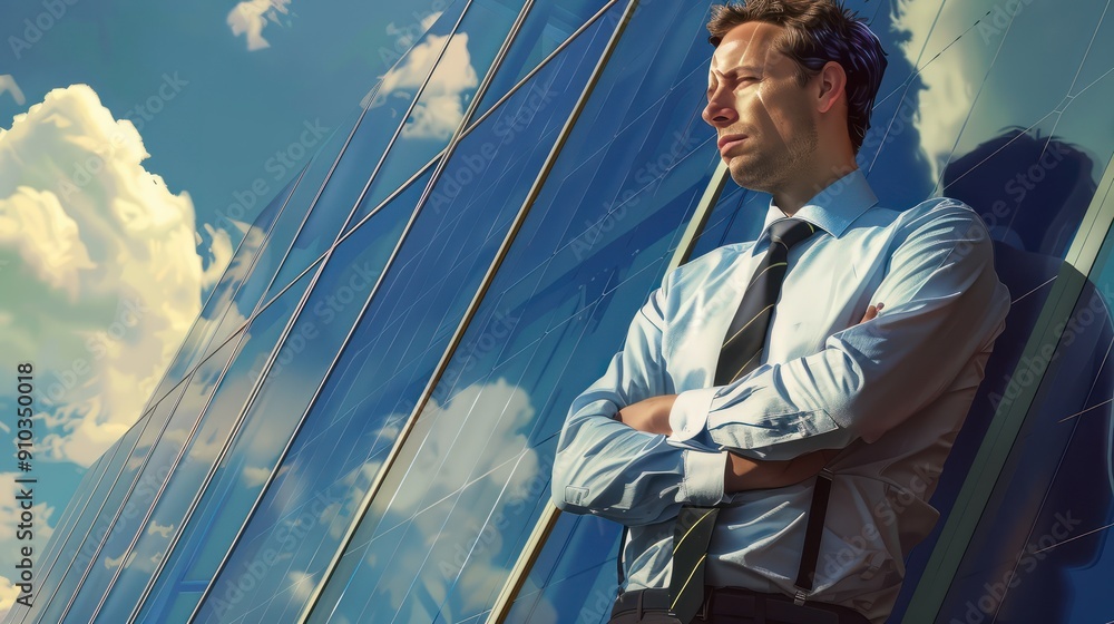 An office portrait of a businessman leaning against a solar panel An office portrait of a businessman leaning against a solar panel