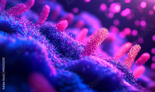 Close-up of the gut microbiome, structure of intestinal villi, flora on the large intestines surface.