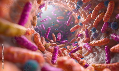 Microscopic view of gut microbiota attached to the intestinal wall.
