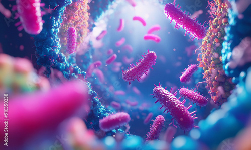 Close-up view of intestinal microorganisms on the wall. High-magnification shot shows the gut microbiota