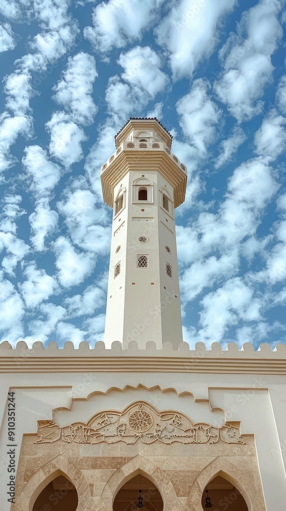 low angle camera for a mosque extended from land to cloud  with generative ai