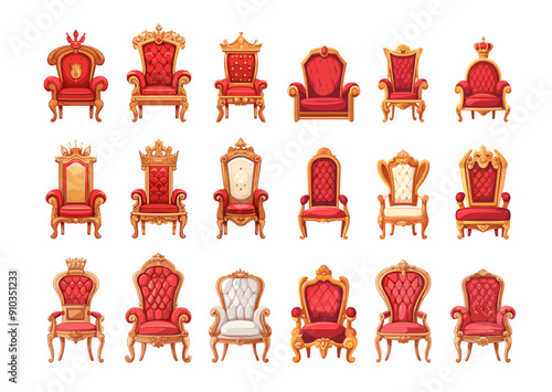 Royal thrones cartoon vector set. Chair wood silk ornate king queen majesty upholstery crimson red gold regal furniture isolated artworks