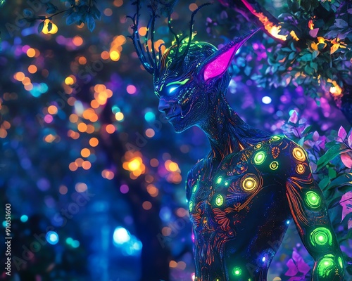 A vibrant, glowing fantasy creature in a magical forest setting with neon lights and enchanting atmosphere.