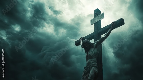 Powerful Representation of the Crucifixion with Jesus on the Cross Against a Darkened Sky