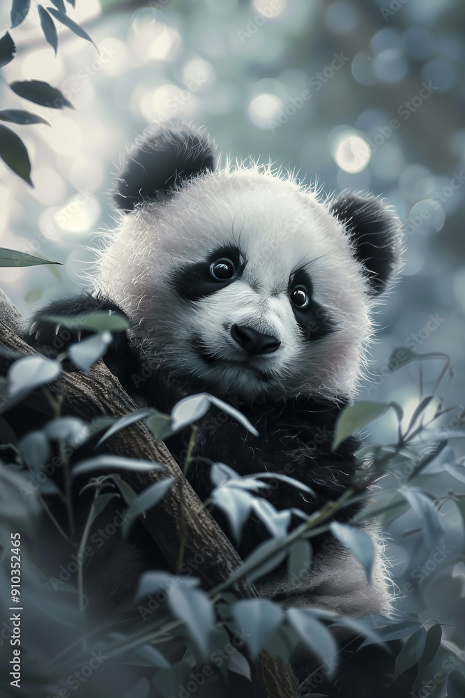 Fototapeta premium Curious Panda Among Greenery and Soft Light