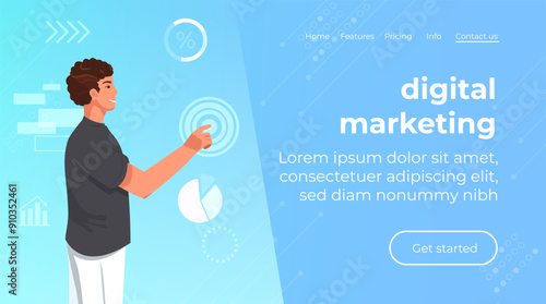 Abstract data analysis. Person work with systems and structures, analyze information. Business technology and workflow automation concept. For web banner, infographics