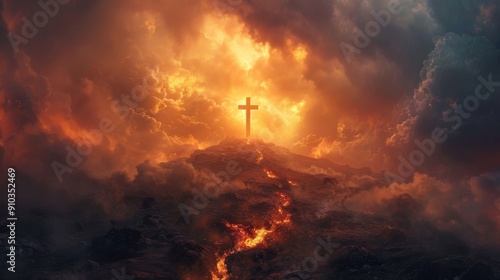 Christian cross standing strong on lava mountain with dramatic sky