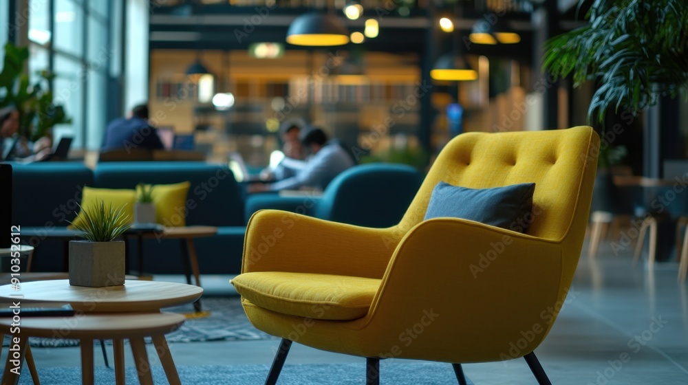 A yellow chair sits next to a table in a cozy living room setting A yellow chair sits next to a table in a cozy living room setting