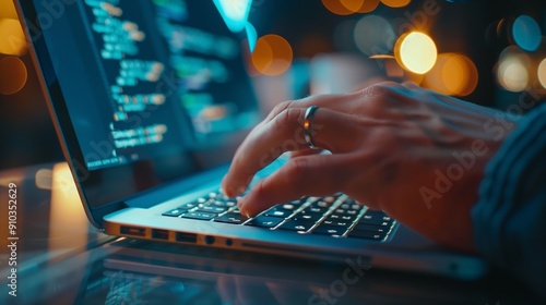 Programmer working on their professional development types on a laptop computer keyboard. Coding Language User Interface on Screens. Development of software and coding, ChatGPT AI and webdesign