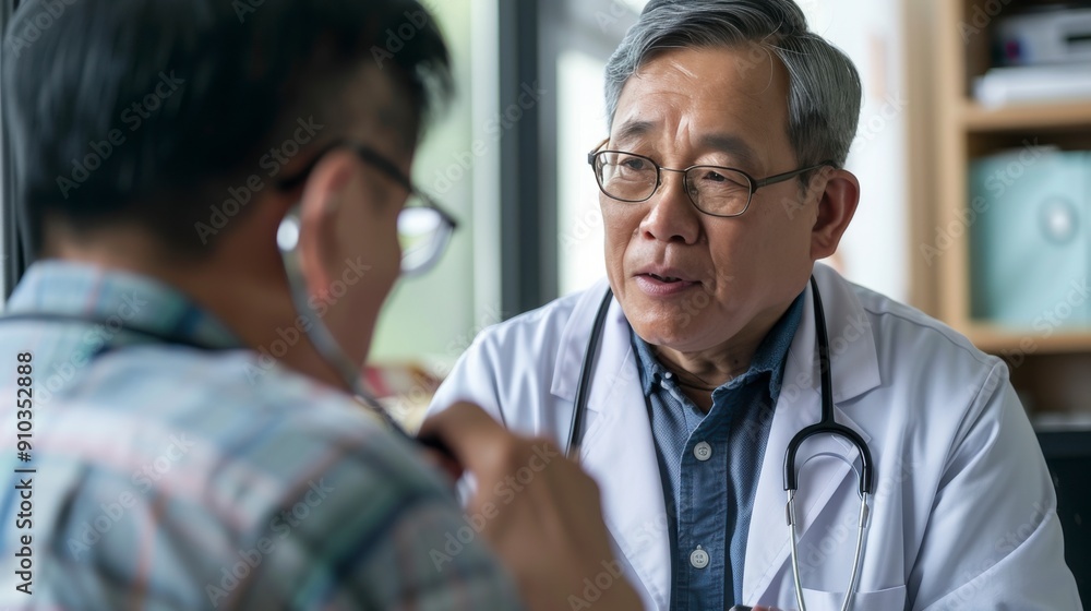 Fototapeta premium A physician engages in a health consultation with a patient in a clinical setting