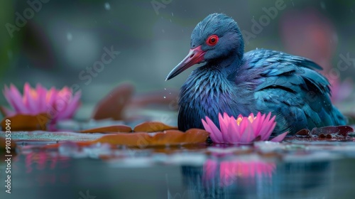 Purple swamphen swimming in pond with pink water lilies photo