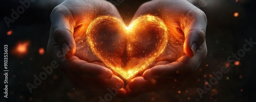 Two Hands Gently Cup a Glowing, Pulsating Heart Radiating Warmth and Light