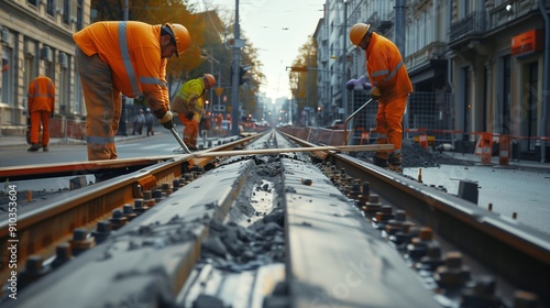 Workers carry out repair work tightening bolts on the street. Installation of railway rails for trams and reconstruction of tram tracks. Generative AI photo